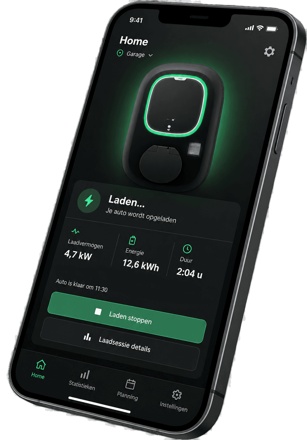 Laadsessie in de app: 4,7 kW laadvermogen, 12,6 kWh geladen en klaar om 11:30
