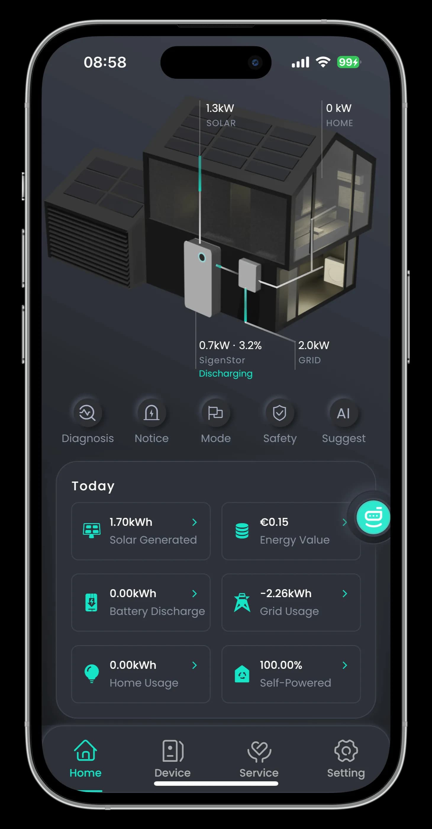 De app van het batterijsysteem met de stroomverdeling tussen panelen, huis, batterij en net, en de dagtotalen daaronder